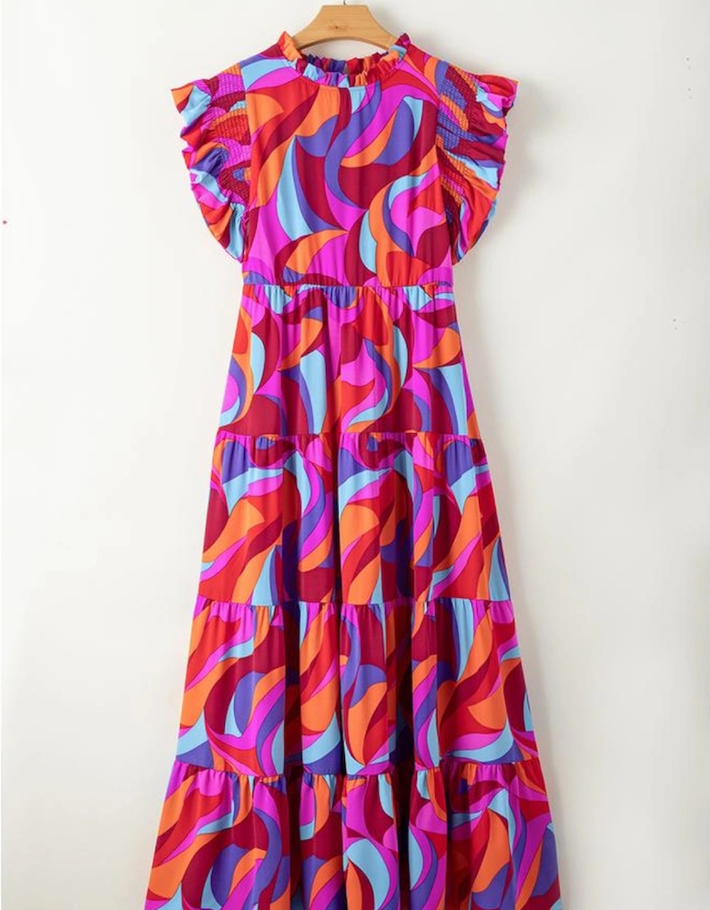 Orange Abstract Printed High Waist Ruffle Tiered Long Dress