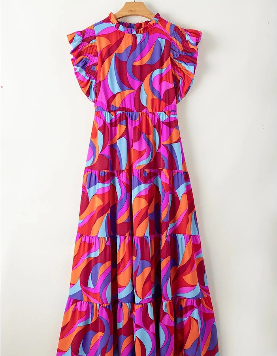 Orange Abstract Printed High Waist Ruffle Tiered Long Dress