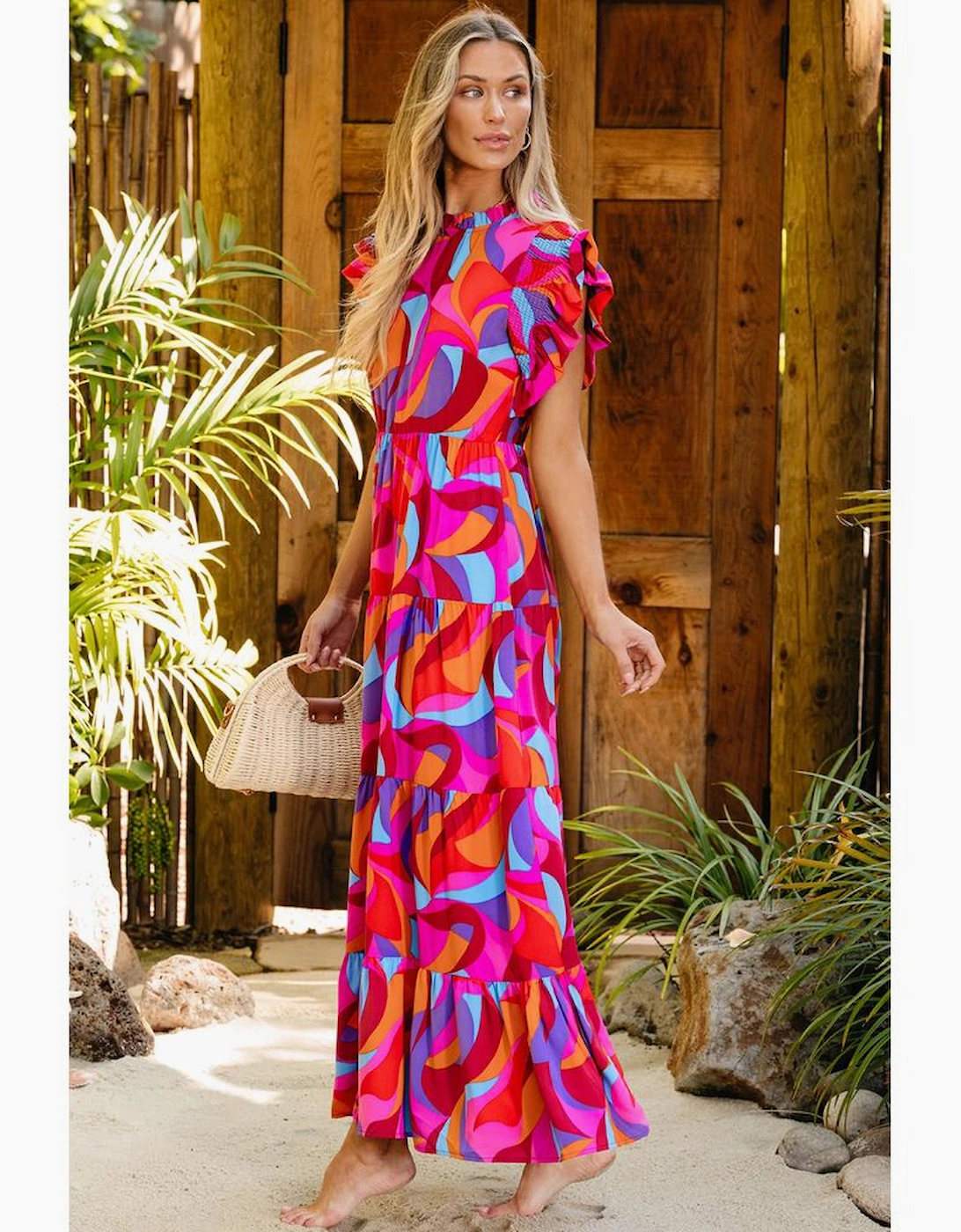 Orange Abstract Printed High Waist Ruffle Tiered Long Dress