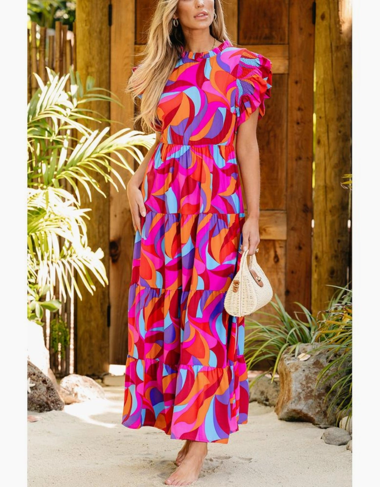 Orange Abstract Printed High Waist Ruffle Tiered Long Dress