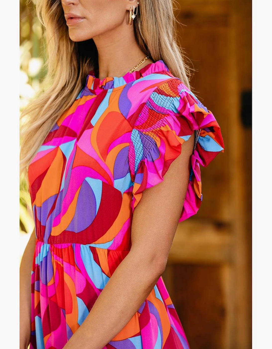 Orange Abstract Printed High Waist Ruffle Tiered Long Dress