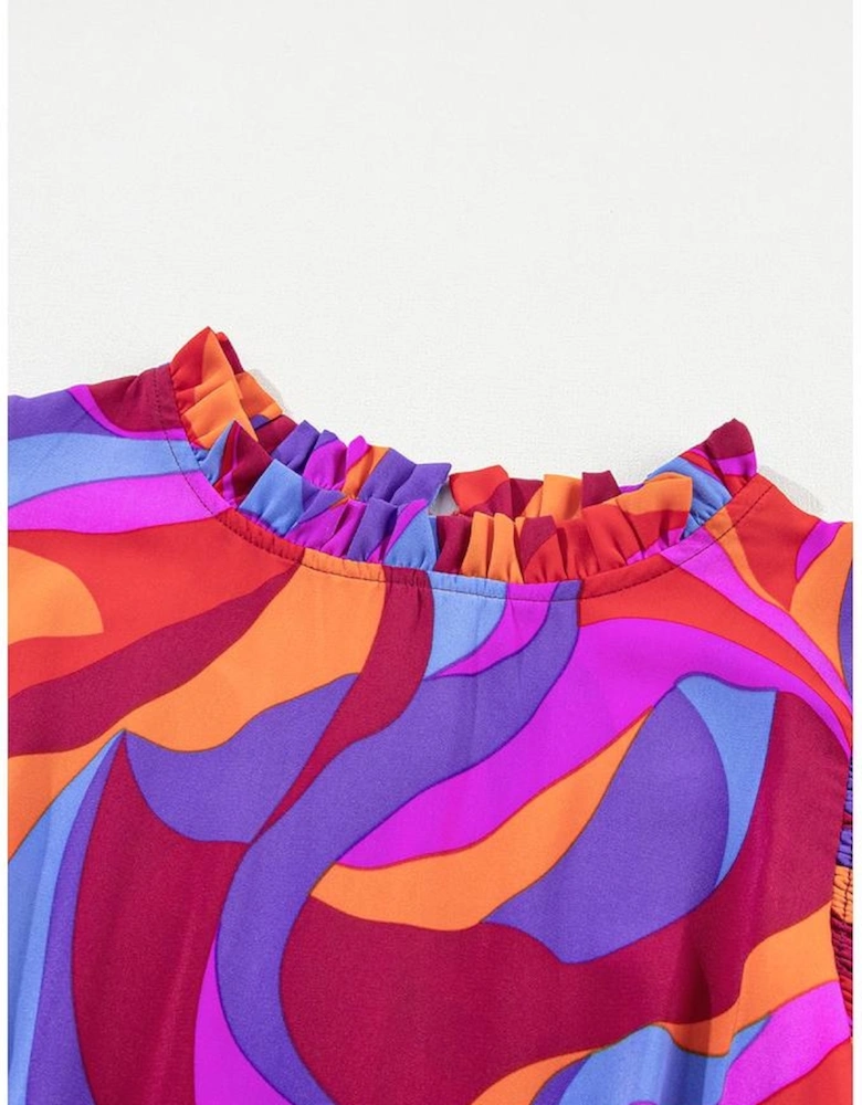 Orange Abstract Printed High Waist Ruffle Tiered Long Dress