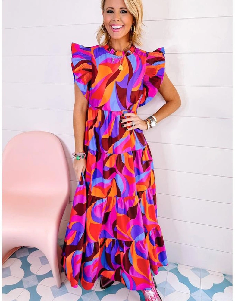 Orange Abstract Printed High Waist Ruffle Tiered Long Dress