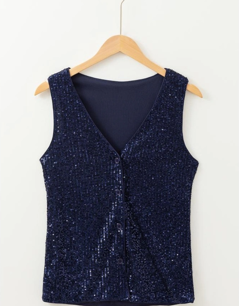Dirty blue Sequined Deep V Neck Buttoned Tank Top