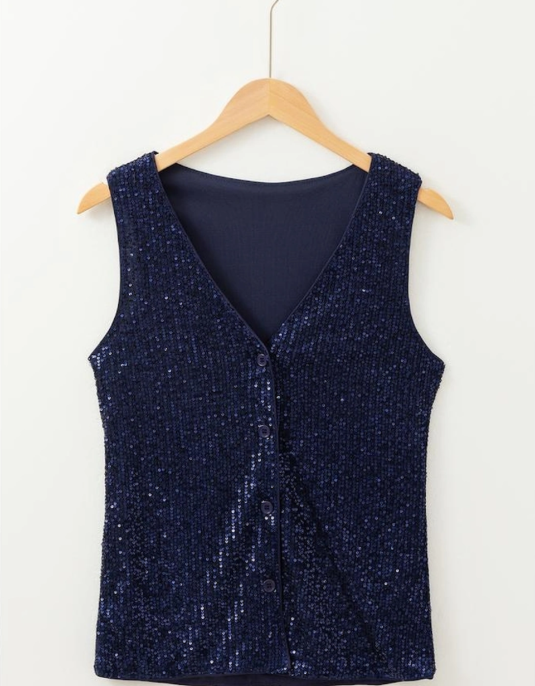 Dirty blue Sequined Deep V Neck Buttoned Tank Top