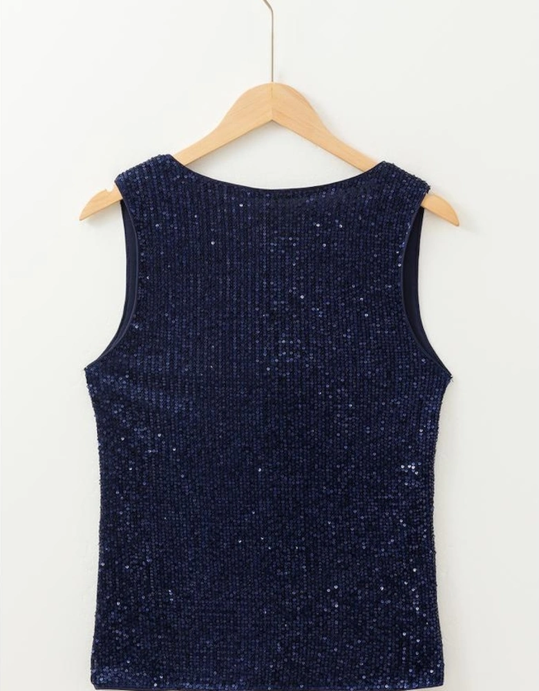 Dirty blue Sequined Deep V Neck Buttoned Tank Top