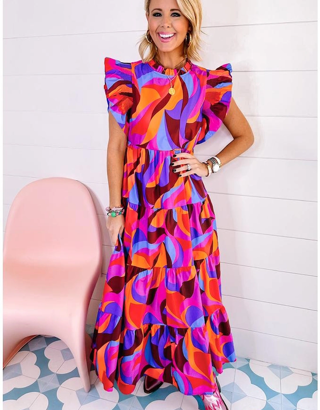Orange Abstract Printed High Waist Ruffle Tiered Long Dress