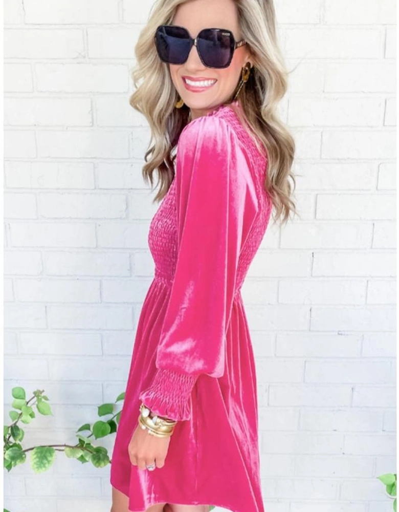 Rose Frilled Neck Smocked Bodice Velvet Dress