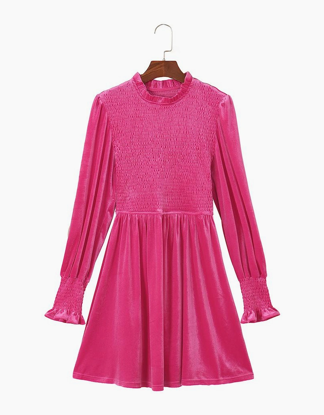Rose Frilled Neck Smocked Bodice Velvet Dress
