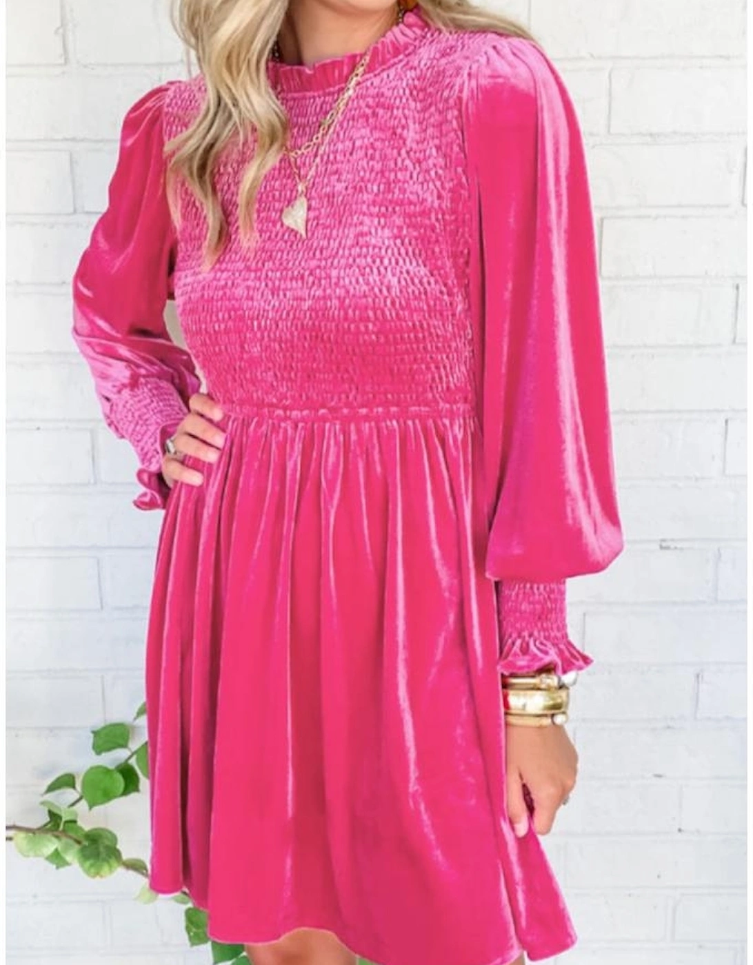 Rose Frilled Neck Smocked Bodice Velvet Dress