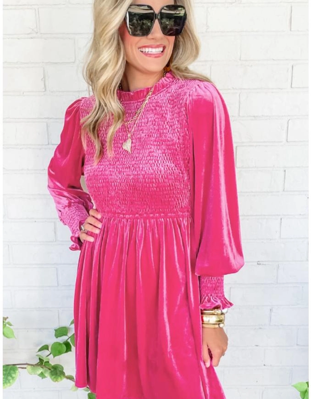 Rose Frilled Neck Smocked Bodice Velvet Dress