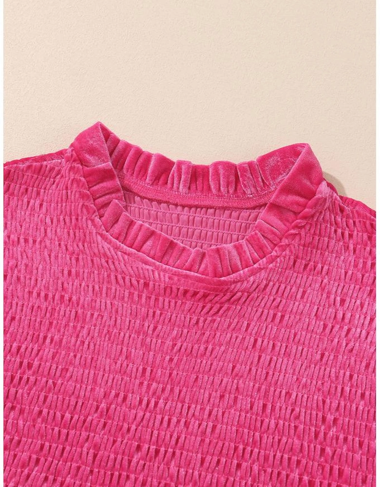 Rose Frilled Neck Smocked Bodice Velvet Dress