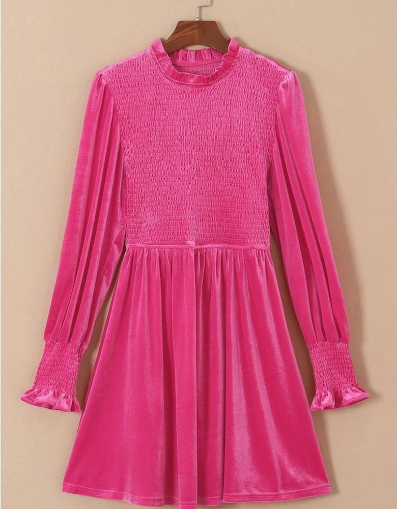 Rose Frilled Neck Smocked Bodice Velvet Dress