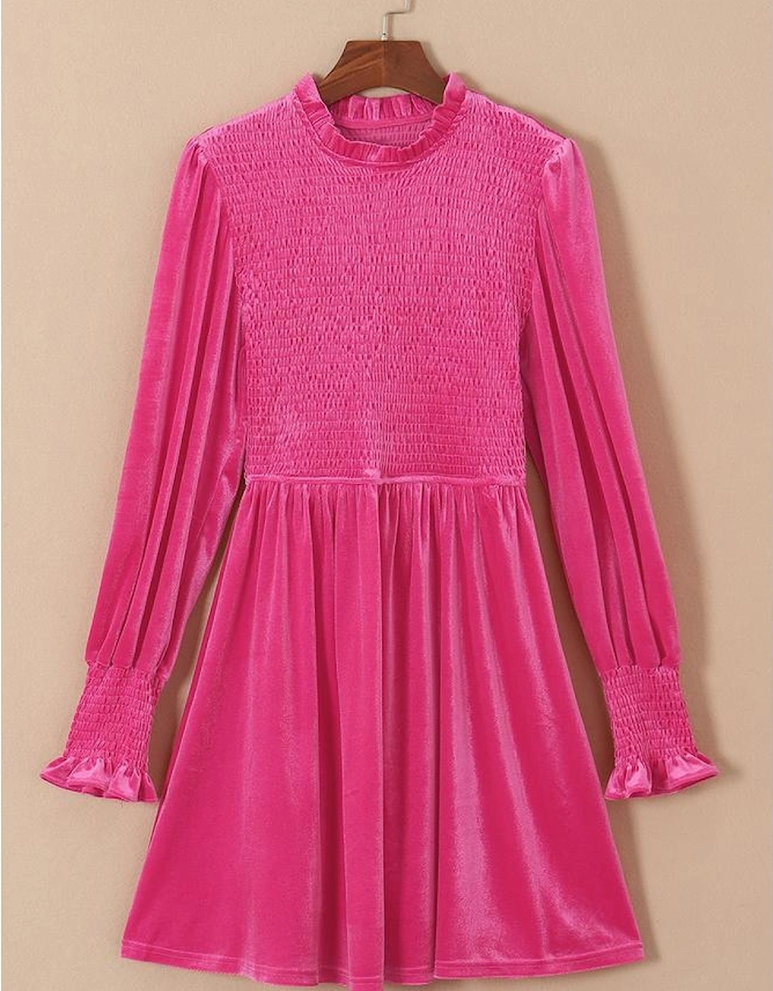 Rose Frilled Neck Smocked Bodice Velvet Dress