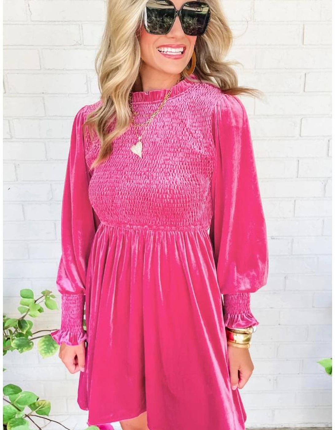 Rose Frilled Neck Smocked Bodice Velvet Dress