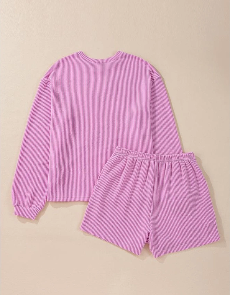 Phalaenopsis Corded Knit Long Sleeve Top and High Waist Shorts Set