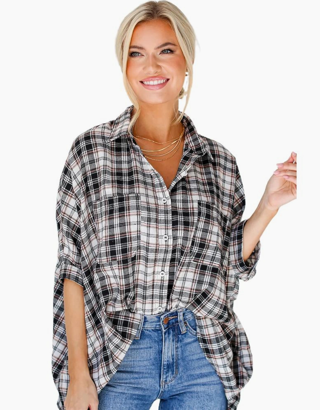 Black Plaid Print Chest Pockets Oversize Shirt