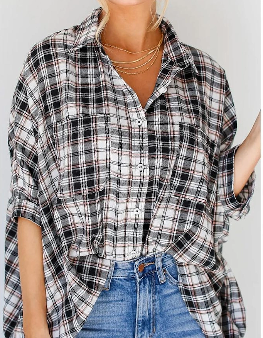 Black Plaid Print Chest Pockets Oversize Shirt, 6 of 5