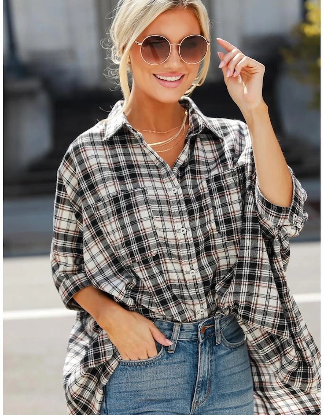 Black Plaid Print Chest Pockets Oversize Shirt