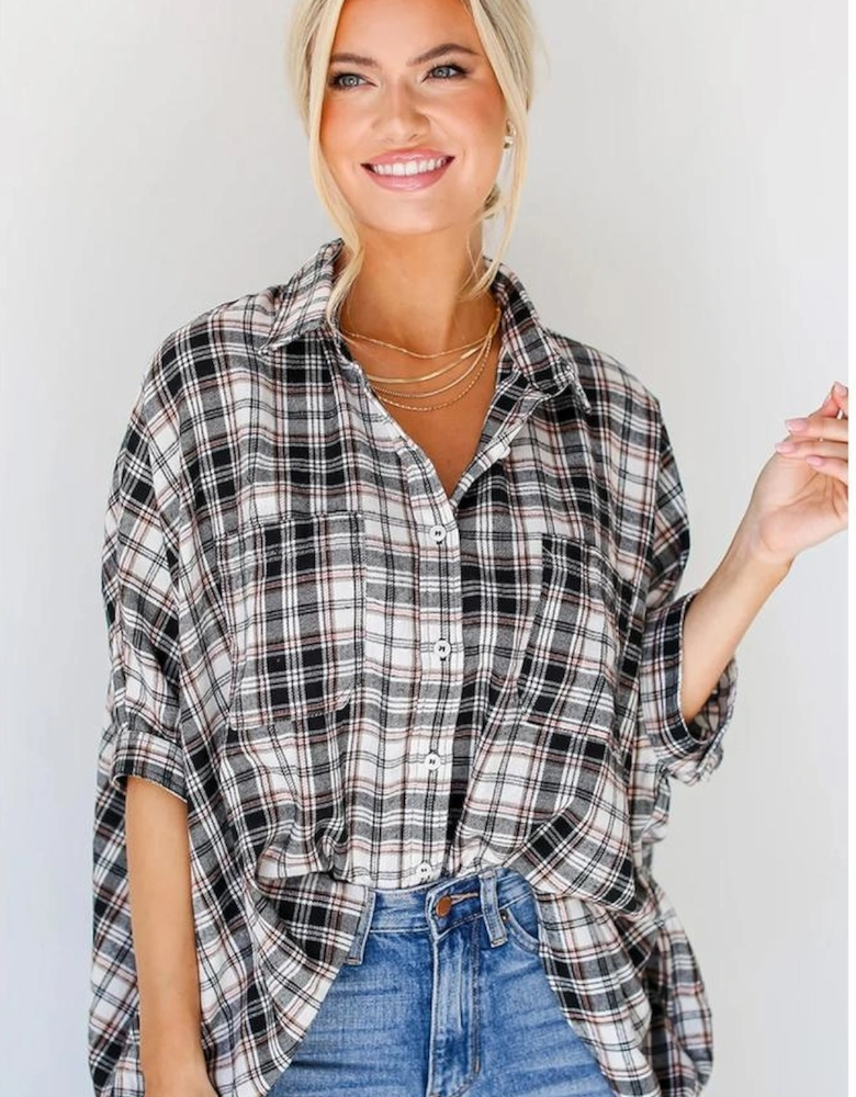 Black Plaid Print Chest Pockets Oversize Shirt