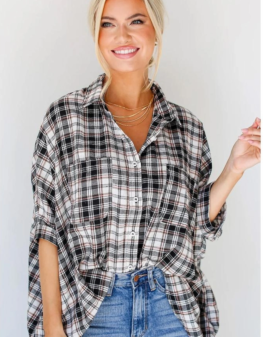 Black Plaid Print Chest Pockets Oversize Shirt