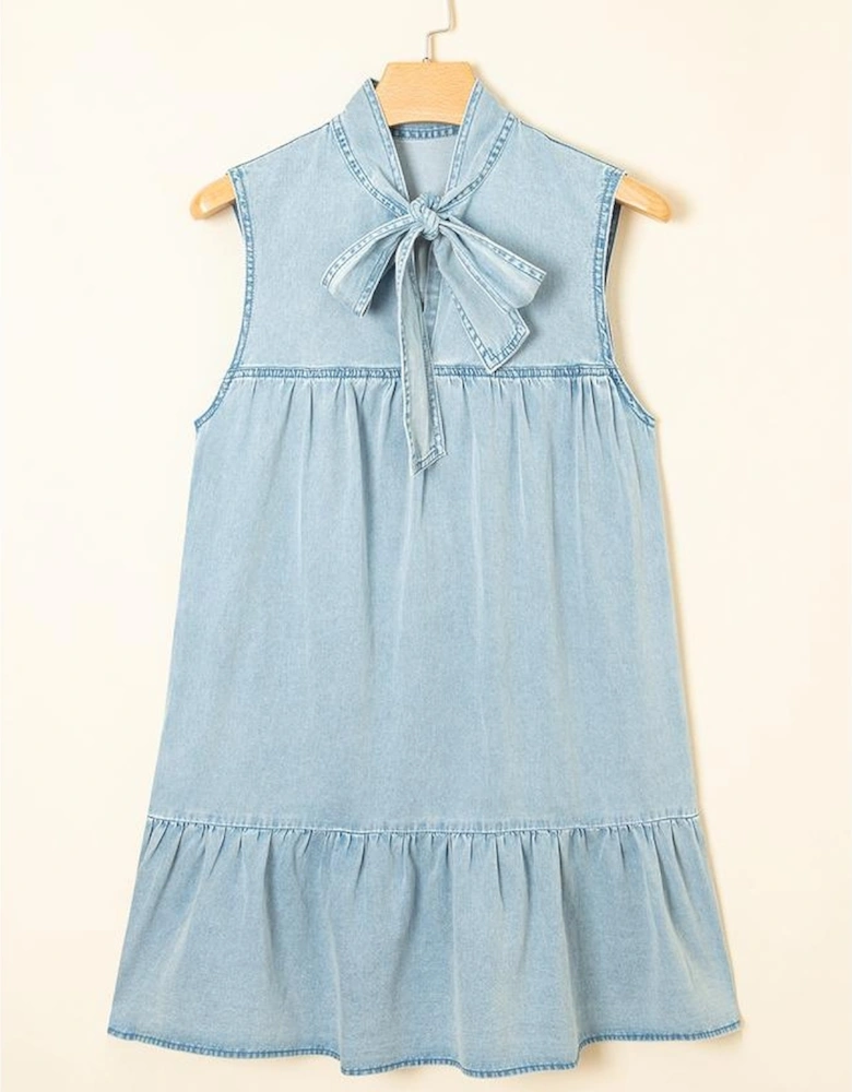 Beau Blue Bowknot Neck Sleeveless Ruffled Chambray Dress