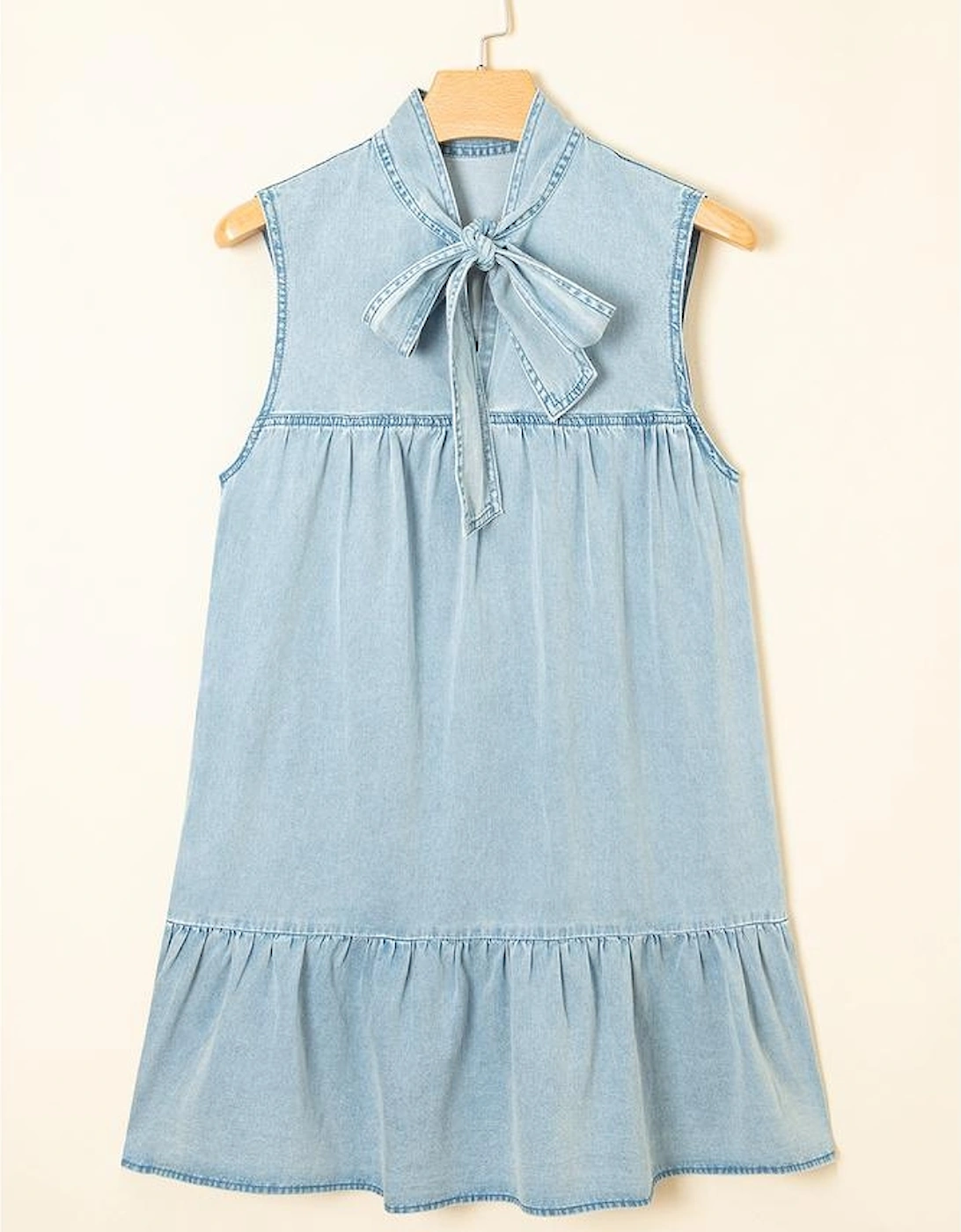 Beau Blue Bowknot Neck Sleeveless Ruffled Chambray Dress