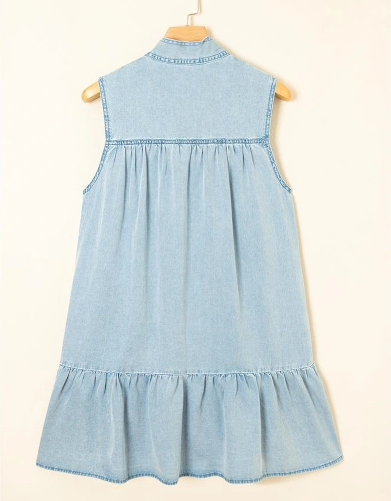 Beau Blue Bowknot Neck Sleeveless Ruffled Chambray Dress