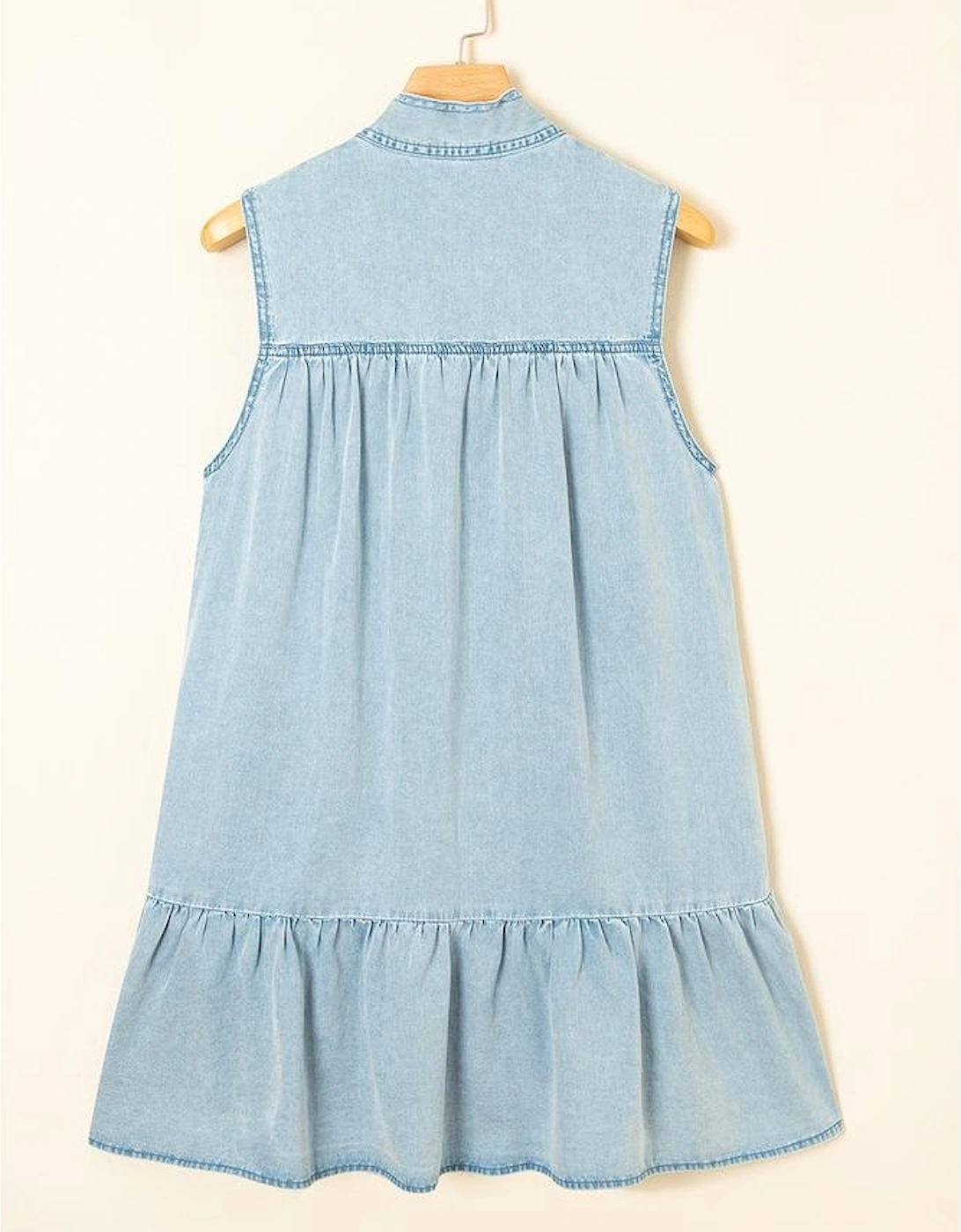 Beau Blue Bowknot Neck Sleeveless Ruffled Chambray Dress