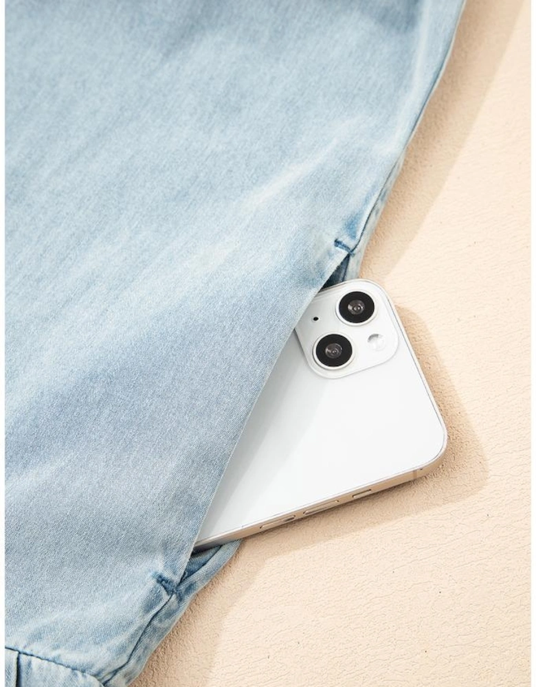 Beau Blue Bowknot Neck Sleeveless Ruffled Chambray Dress