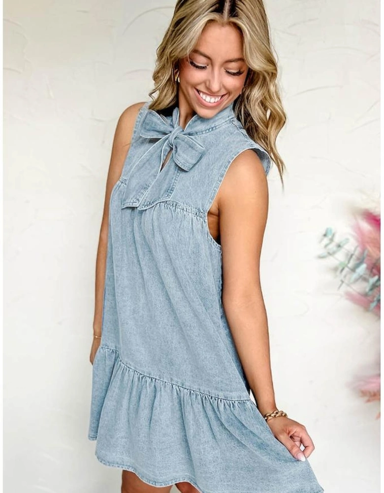 Beau Blue Bowknot Neck Sleeveless Ruffled Chambray Dress