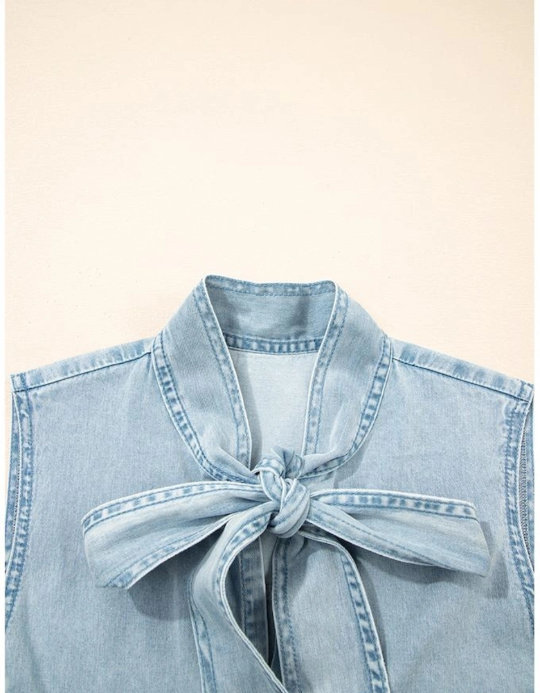 Beau Blue Bowknot Neck Sleeveless Ruffled Chambray Dress