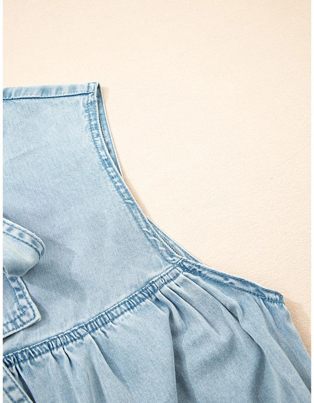 Beau Blue Bowknot Neck Sleeveless Ruffled Chambray Dress