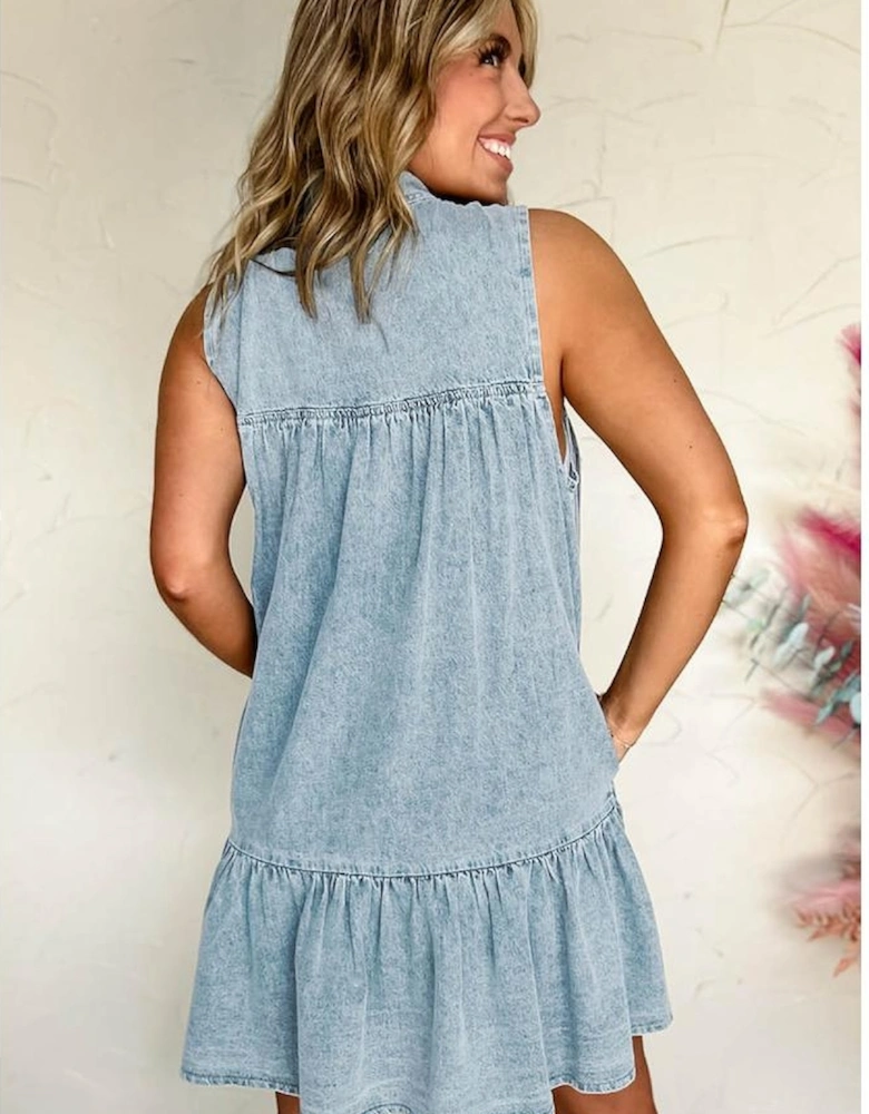 Beau Blue Bowknot Neck Sleeveless Ruffled Chambray Dress