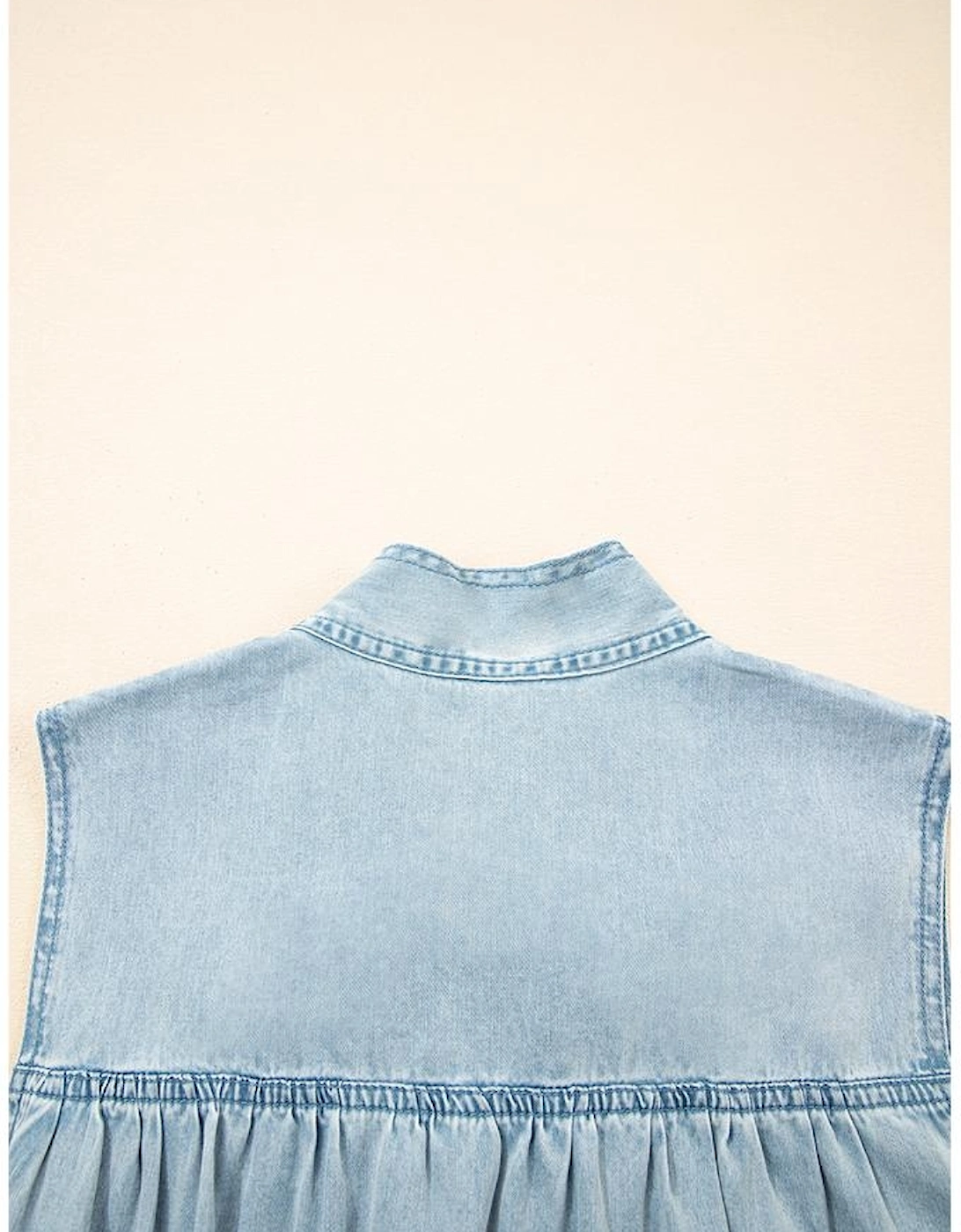 Beau Blue Bowknot Neck Sleeveless Ruffled Chambray Dress