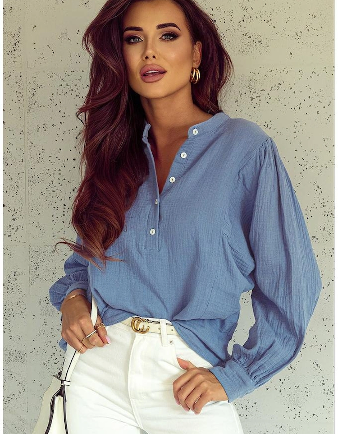Azura Exchange Buttoned Front Bubble Sleeve Blouse