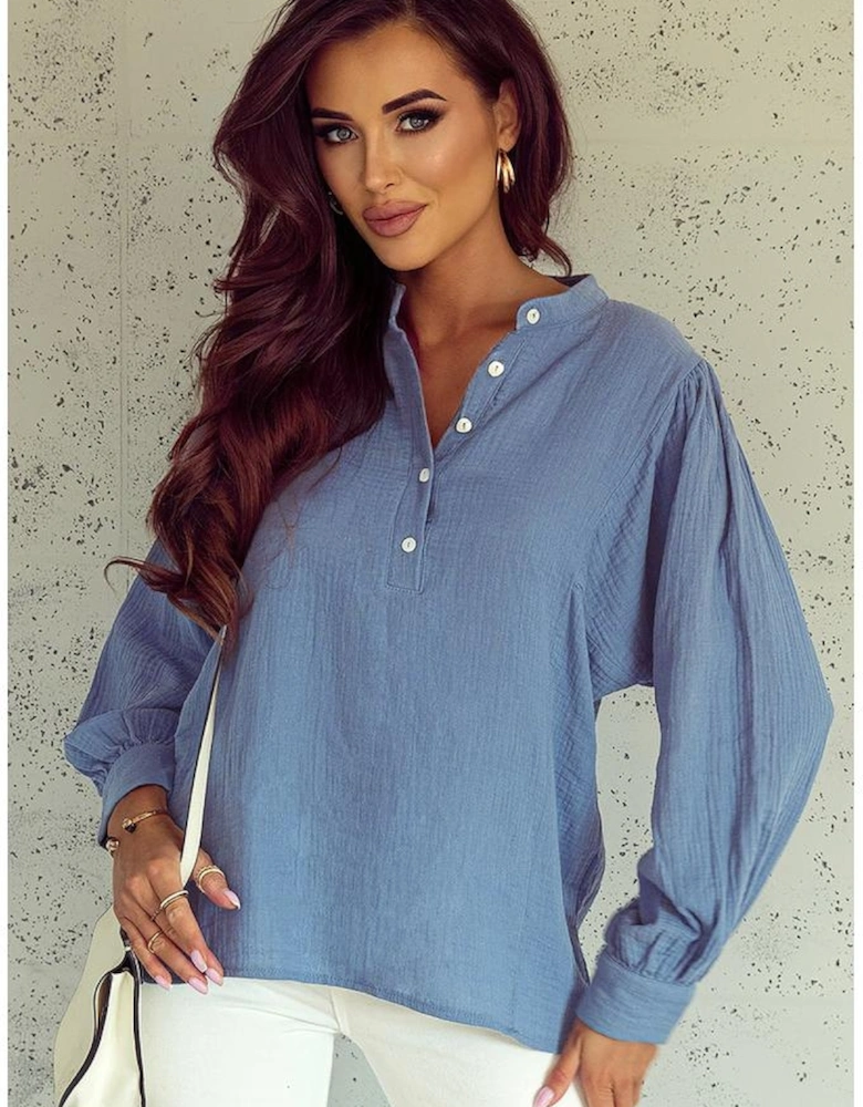 Azura Exchange Buttoned Front Bubble Sleeve Blouse