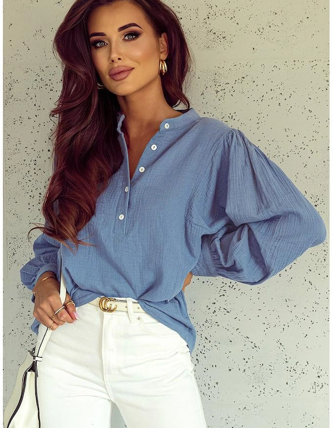 Azura Exchange Buttoned Front Bubble Sleeve Blouse, 8 of 7