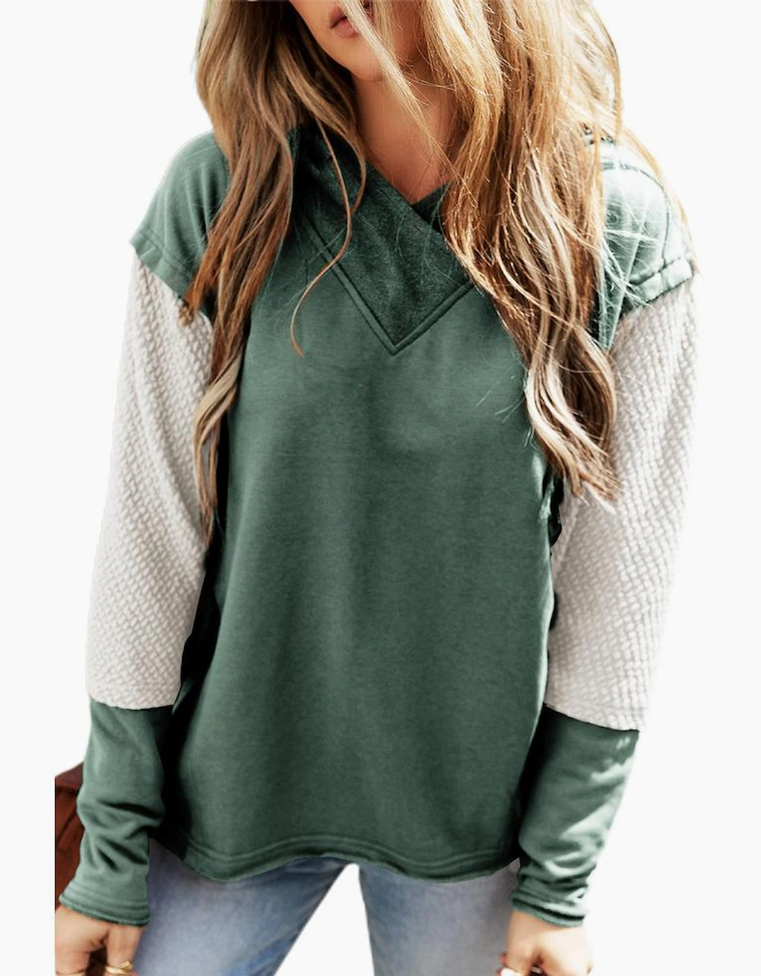 Mist Green Contrast Sleeves Patchwork Colorblock Hoodie