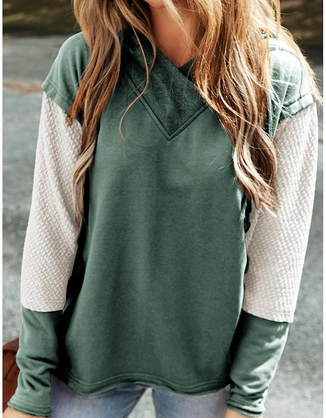 Mist Green Contrast Sleeves Patchwork Colorblock Hoodie