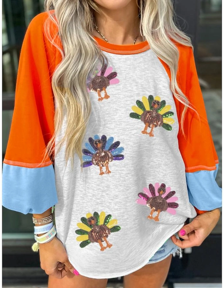 Light Grey Thanksgiving Turkey Sequin Graphic Color Block Long Raglan Sleeve Top