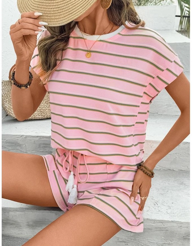 Pink Stripe Wide Short Sleeve Tee and Short Set