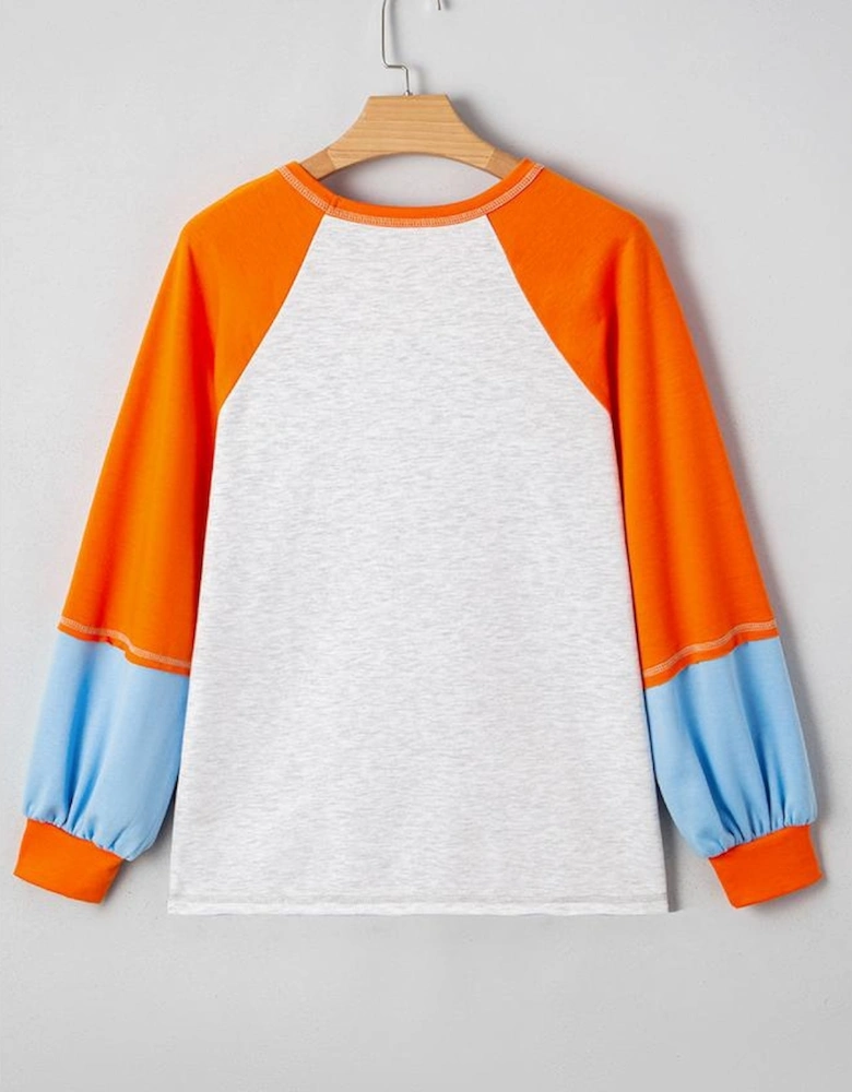 Light Grey Thanksgiving Turkey Sequin Graphic Color Block Long Raglan Sleeve Top