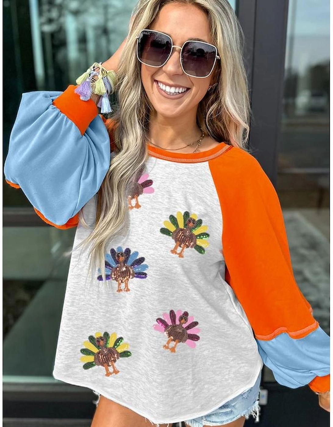 Light Grey Thanksgiving Turkey Sequin Graphic Color Block Long Raglan Sleeve Top