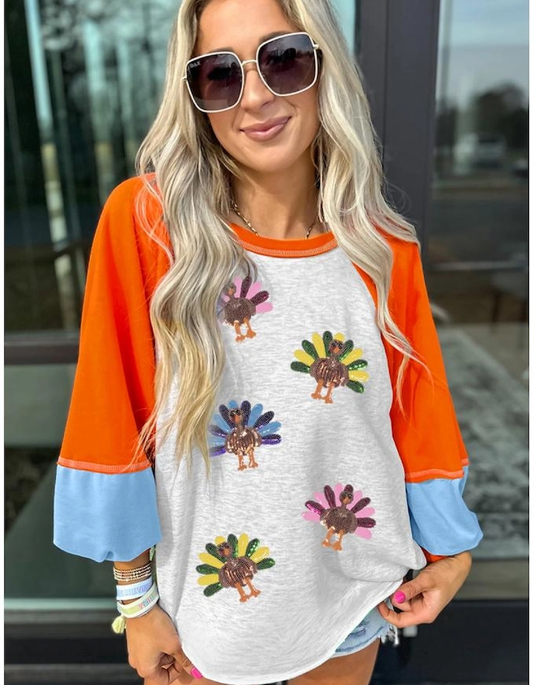 Light Grey Thanksgiving Turkey Sequin Graphic Color Block Long Raglan Sleeve Top