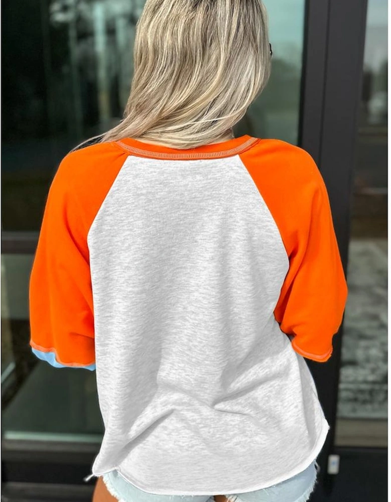 Light Grey Thanksgiving Turkey Sequin Graphic Color Block Long Raglan Sleeve Top