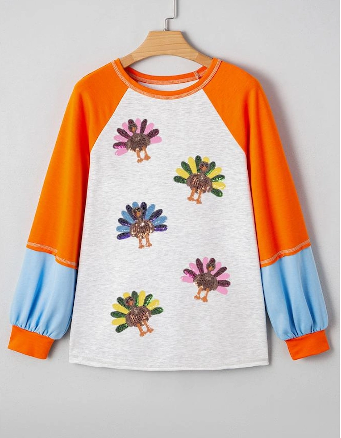 Light Grey Thanksgiving Turkey Sequin Graphic Color Block Long Raglan Sleeve Top
