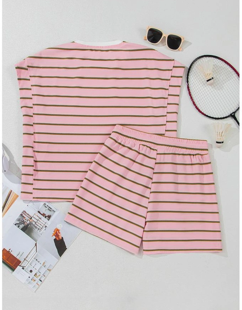 Pink Stripe Wide Short Sleeve Tee and Short Set