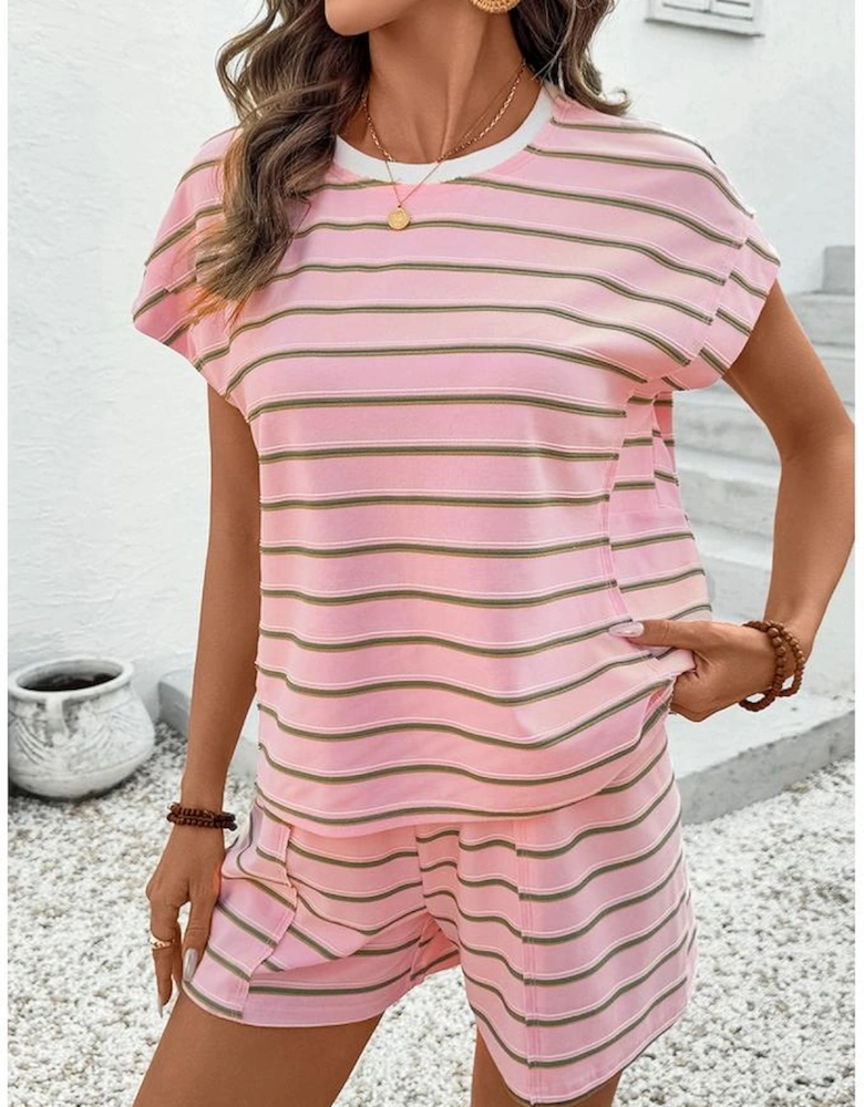 Pink Stripe Wide Short Sleeve Tee and Short Set