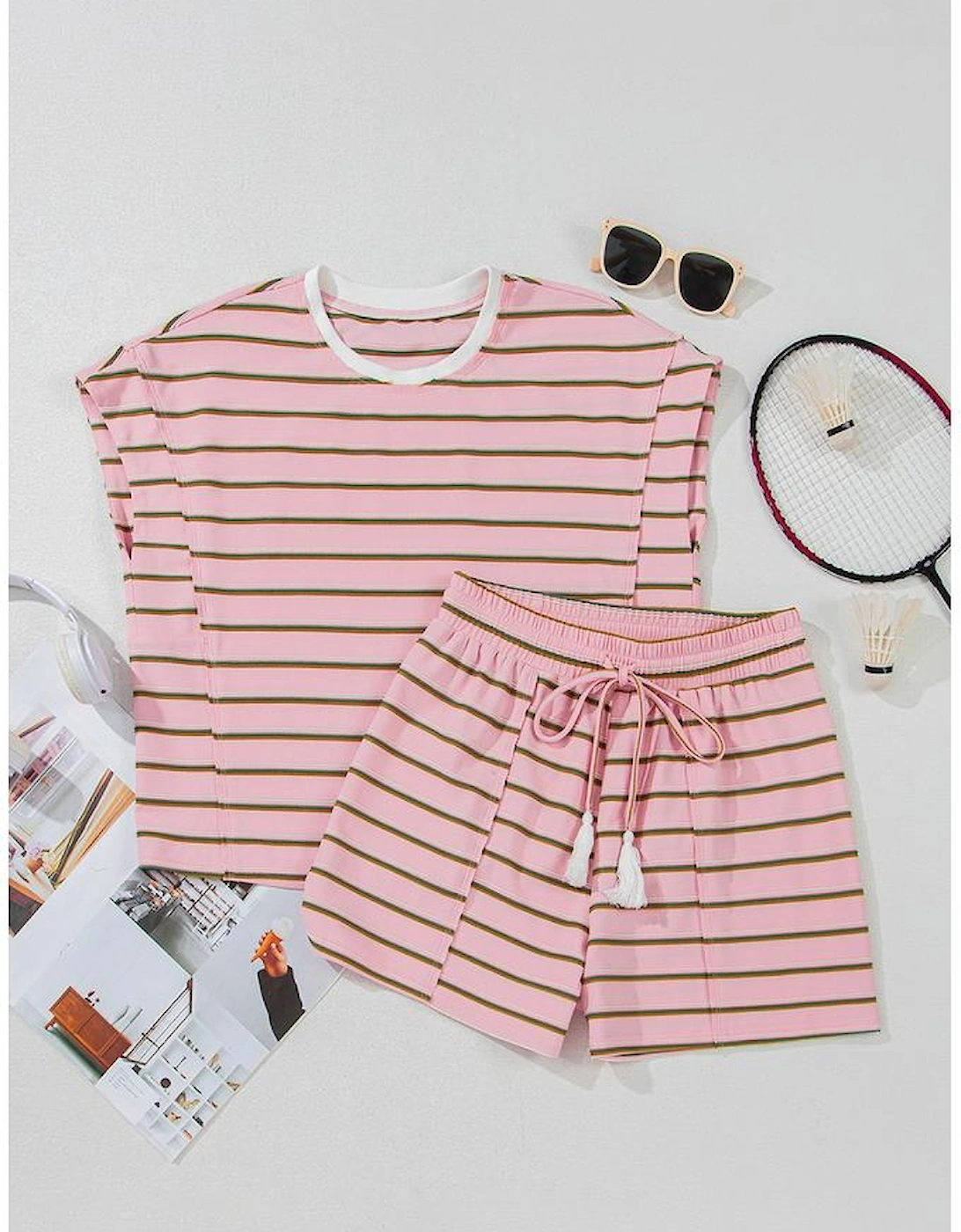 Pink Stripe Wide Short Sleeve Tee and Short Set
